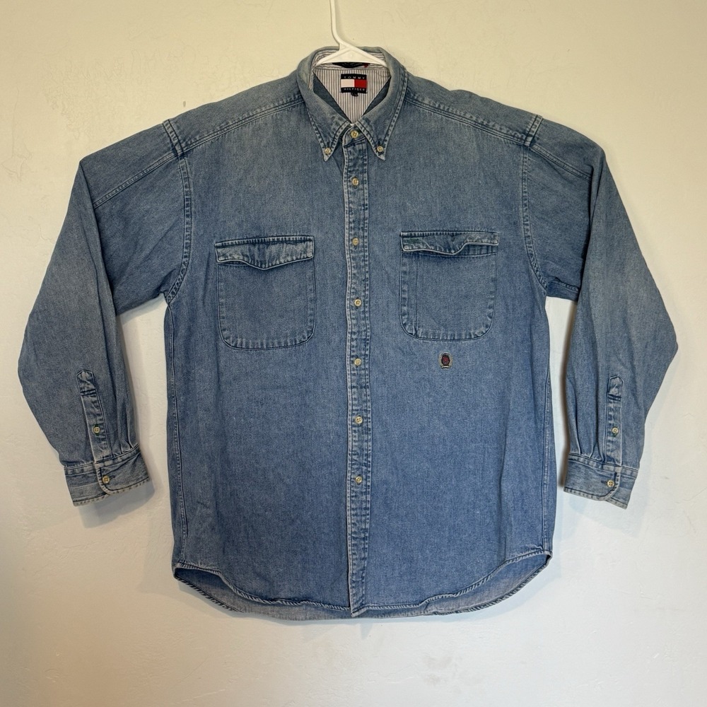 Vintage Tommy Hilfiger Denim Button Shirt Mens Large Blue Jean 90s Streetwear